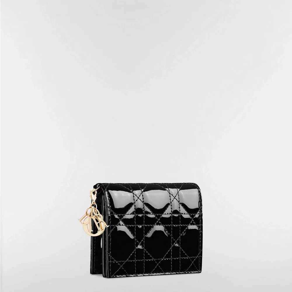 Dior Black Quilted Patent Leather Wallet with Gold Charm
